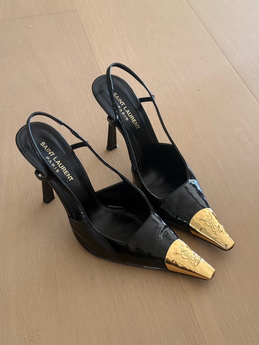 Saint Laurent Black Patent Leather Slingback Pumps with Gold Toe Caps